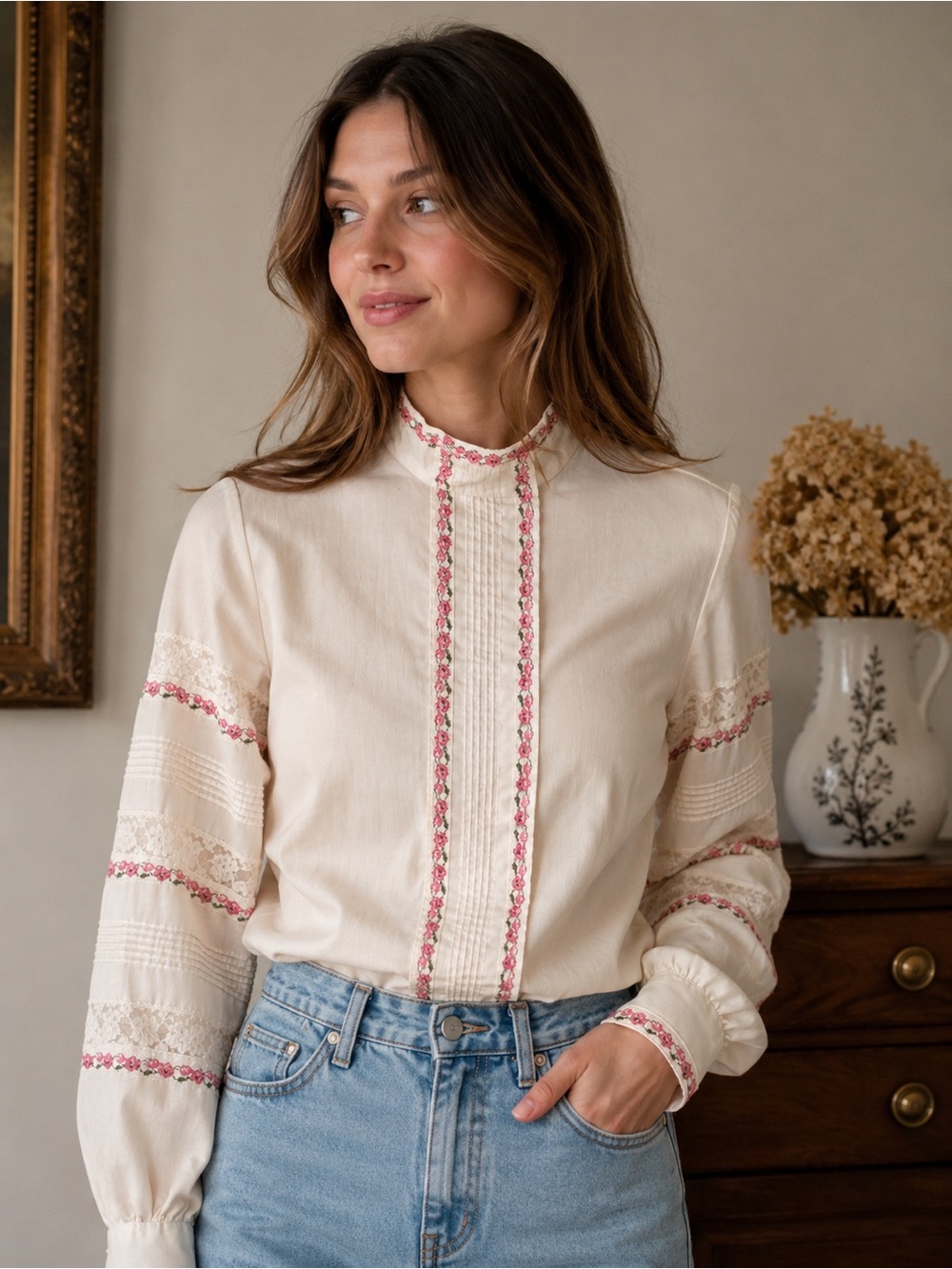 Lady Manhattan Cream Embroidered High-Neck Blouse with Pink Trim
